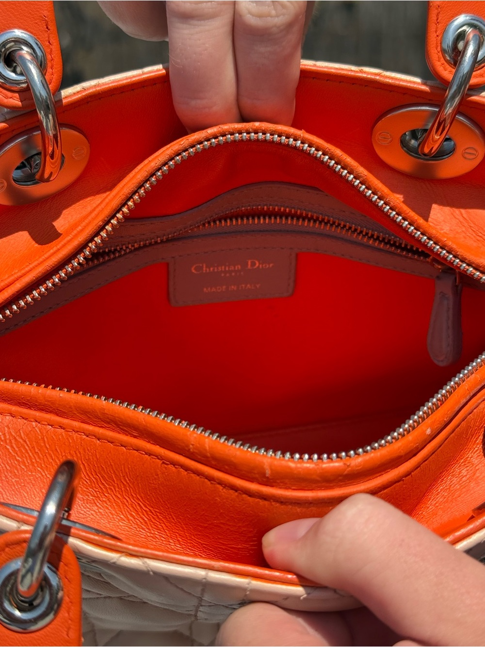 PRISTINE Christian Dior Medium Lady Dior Tricolor Lambskin Bag - Pink/Orange - Picture 10 of 13